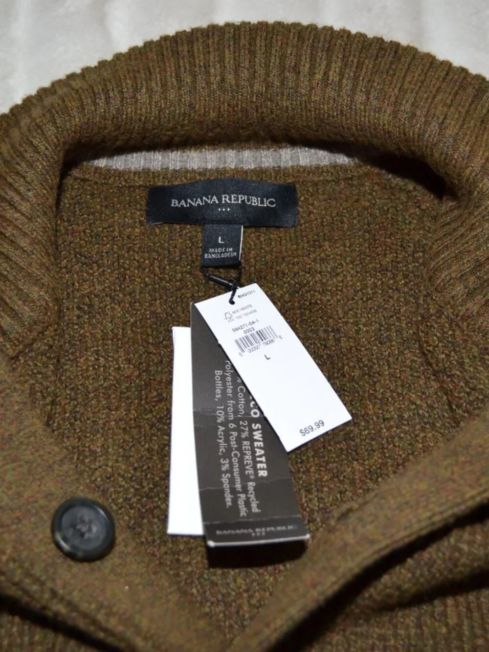 Banana Republic New Heathered Olive green Button Mock neck Men's L sweater